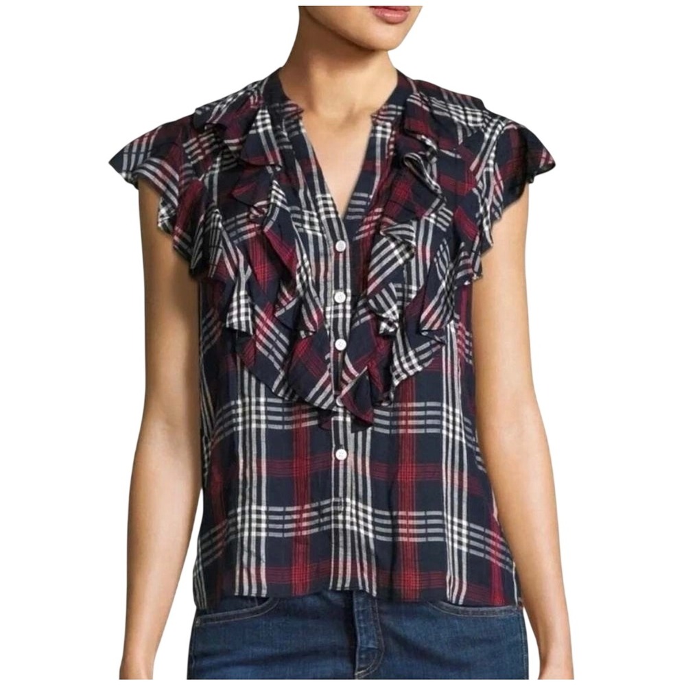 Veronica Beard Plaid Ruffle Blouse Navy Red White Sleeveless High Low Top 4